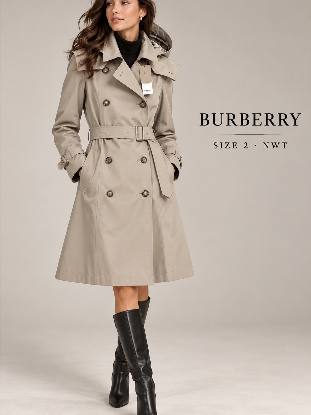Burberry Taupe Double-Breasted Trench Coat with Hood
